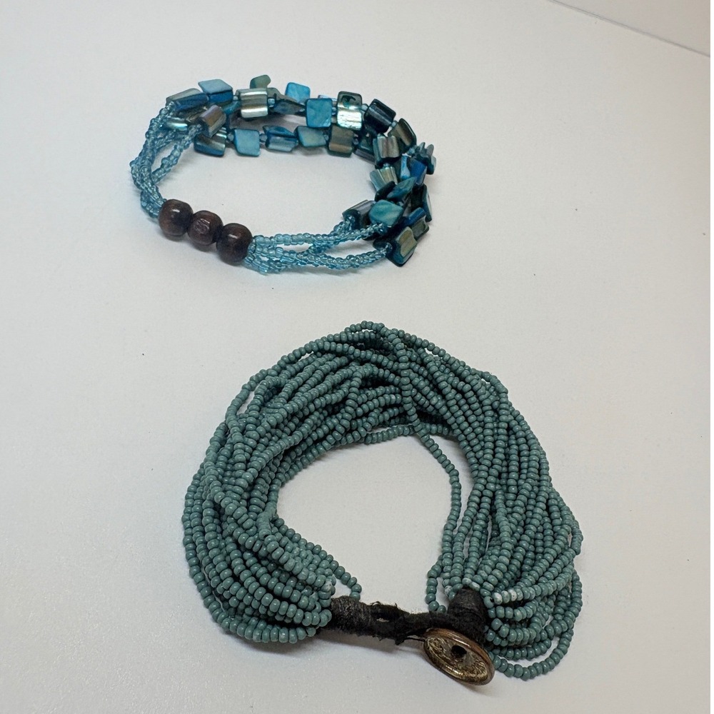 Teal Seed Bead Toggle Bracelet & Blue Shell Wood Stretch Bracelet Set